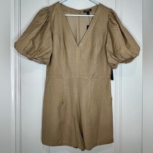 Express Puff Sleeve Romper Women’s Size M Camel Tan Linen Blend Lined NWT Zip Up